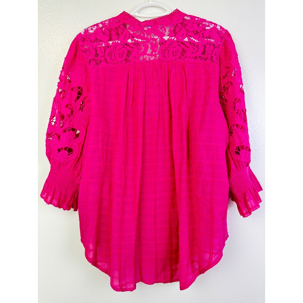 Sundance Garbo Pink Lace Patchwork Blouse Fuchsia Eyelet Button Front Top Large - Picture 3 of 8